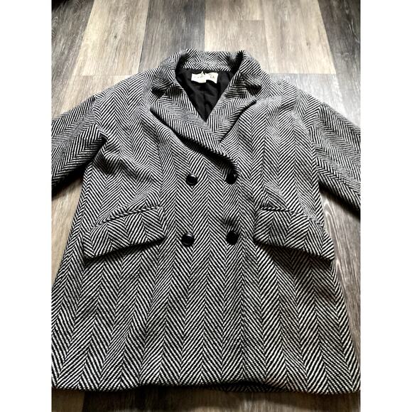 Promesa Herringbone Tweed Pea Coat Small 90s Retro Academia Preppy Scandi Winter - Picture 2 of 8